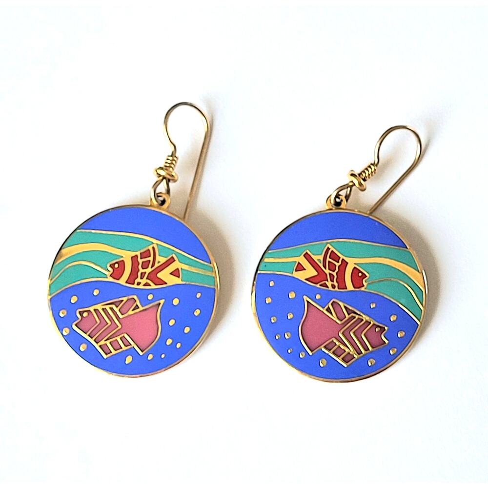 Laurel Burch Cloisonné Tropical Fish Drop Earrings Signed